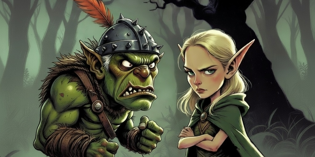 An elf and an ork arguing in the hero artwork